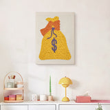 Finished Yellow Money Bag punch needle canvas on a wall