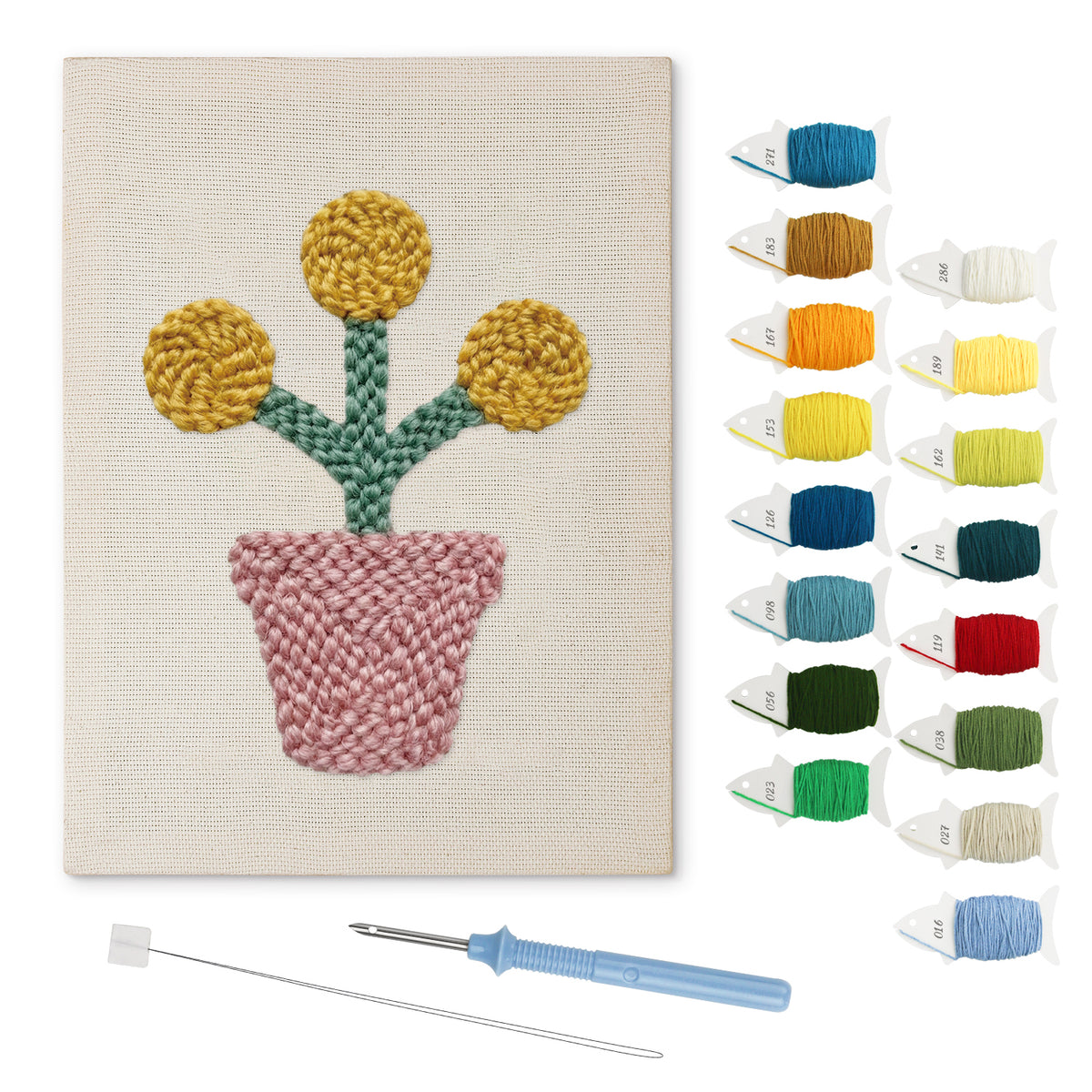 Yellow Pom Flowers punch needle kit: finished canvas with threads, punch needle and threader