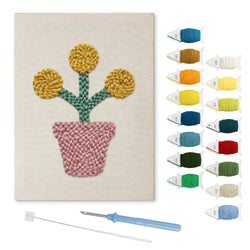 Yellow Pom Flowers punch needle kit: finished canvas with threads, punch needle and threader