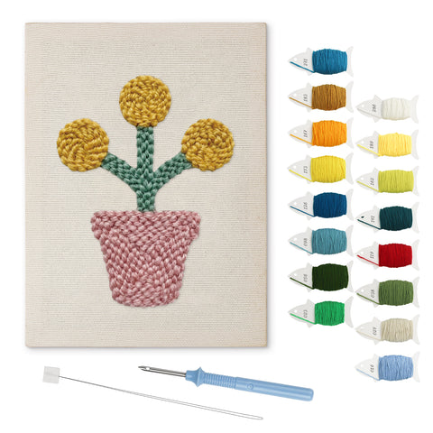 Yellow Pom Flowers punch needle kit: finished canvas with threads, punch needle and threader