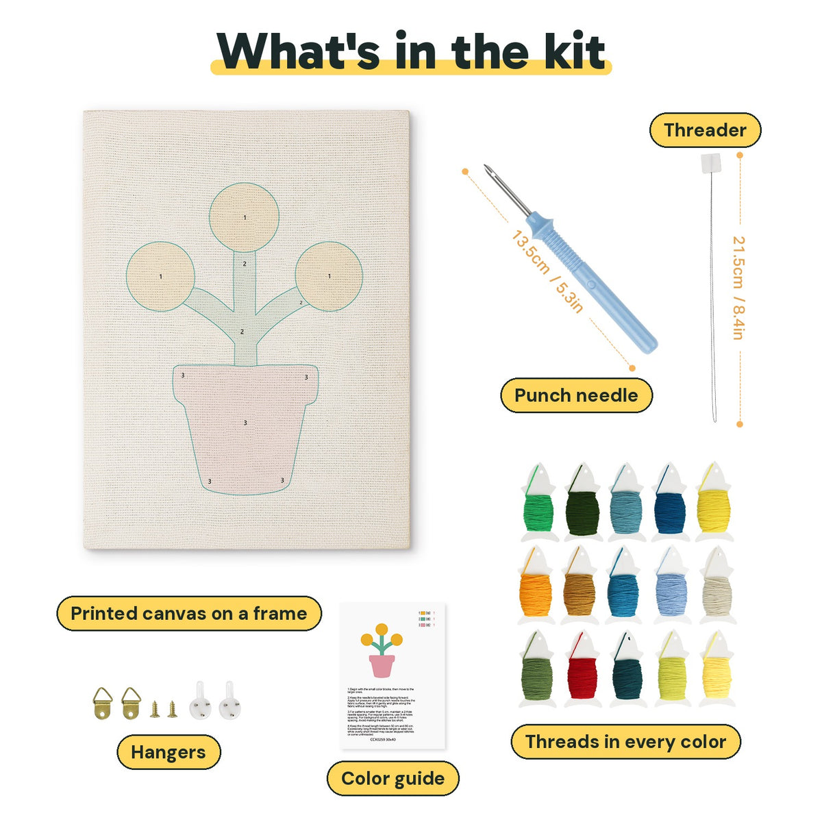 What is in the Yellow Pom Flowers kit: printed canvas, punch needle, threader, threads, color guide and hangers