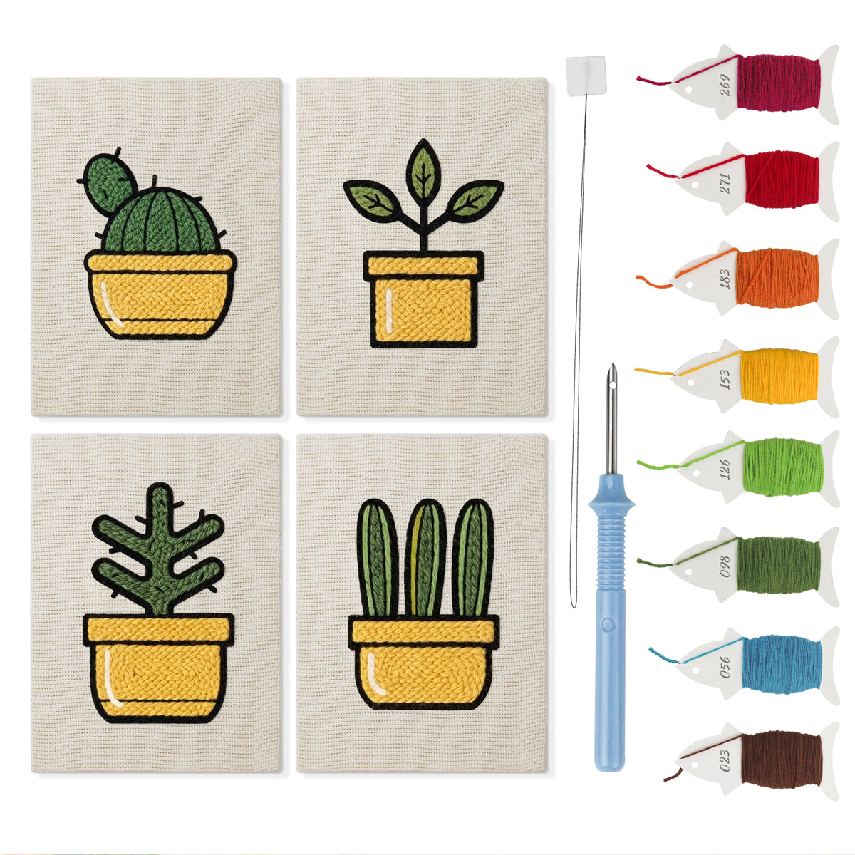 Yellow Pot Cacti mini punch needle kit set: four finished canvases with threads, punch needle and threader