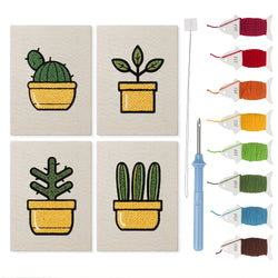Yellow Pot Cacti mini punch needle kit set: four finished canvases with threads, punch needle and threader