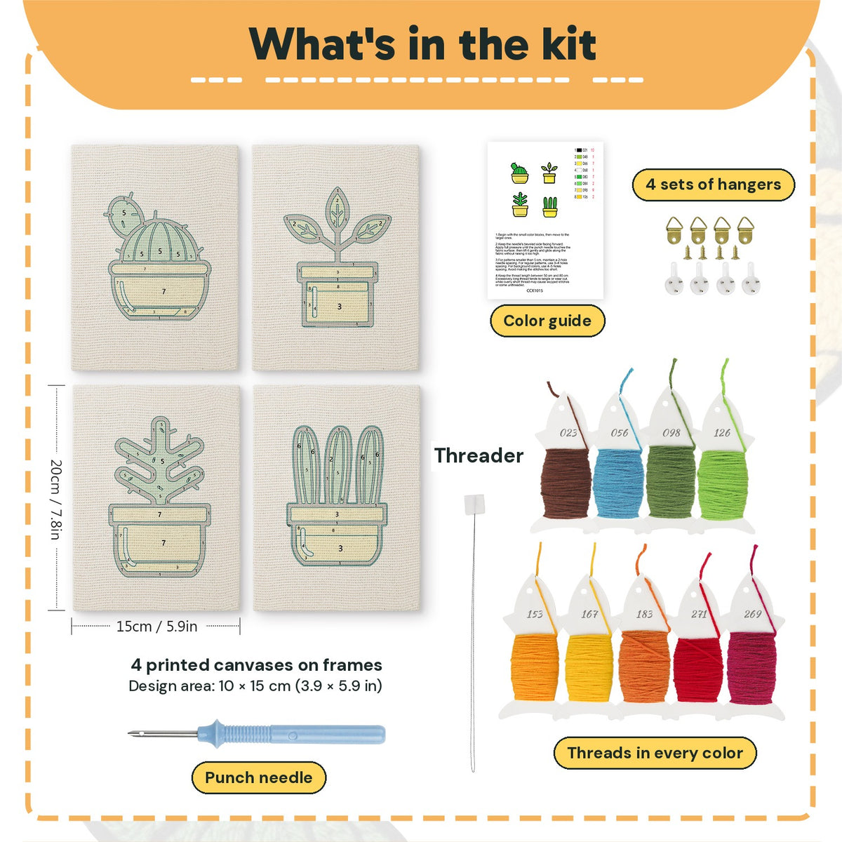 What is in the Yellow Pot Cacti set: 4 printed canvases, punch needle, threader, threads, color guide and 4 sets of hangers (6 × 8 in (15 × 20 cm) each)