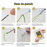 Six steps showing how to thread and use the punch needle