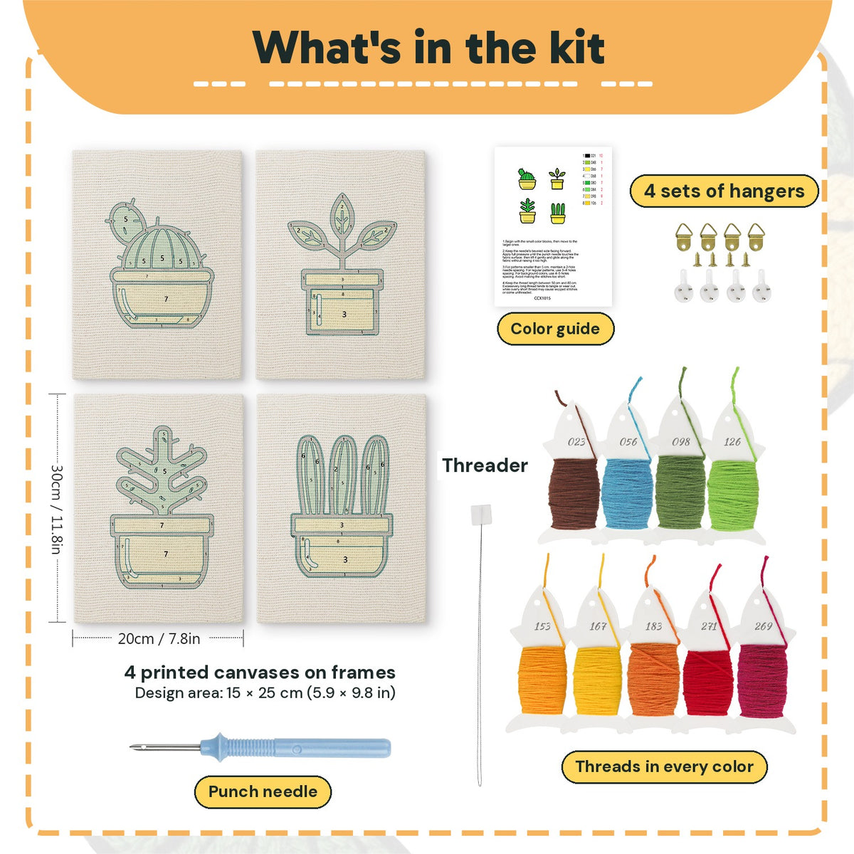 What is in the Yellow Pot Cacti set, 8 × 12 in (20 × 30 cm) each: 4 printed canvases, punch needle, threader, threads, color guide and 4 sets of hangers