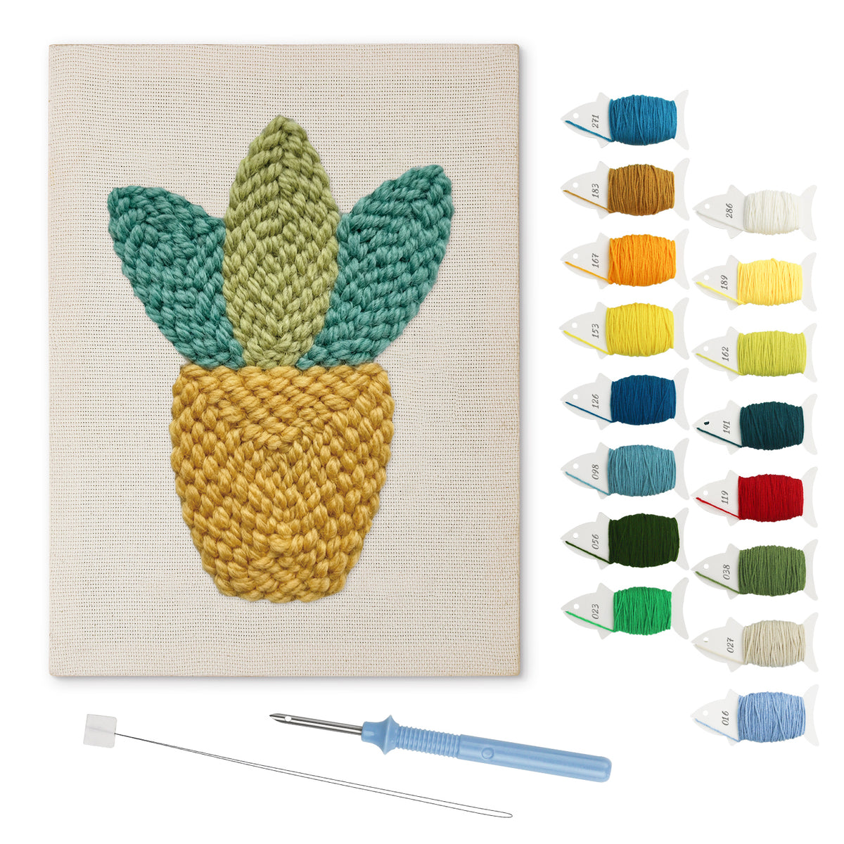 Yellow Pot Leaves punch needle kit: finished canvas with threads, punch needle and threader