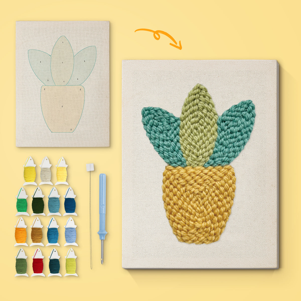 Yellow Pot Leaves canvas before and after punching, with the threads and tools