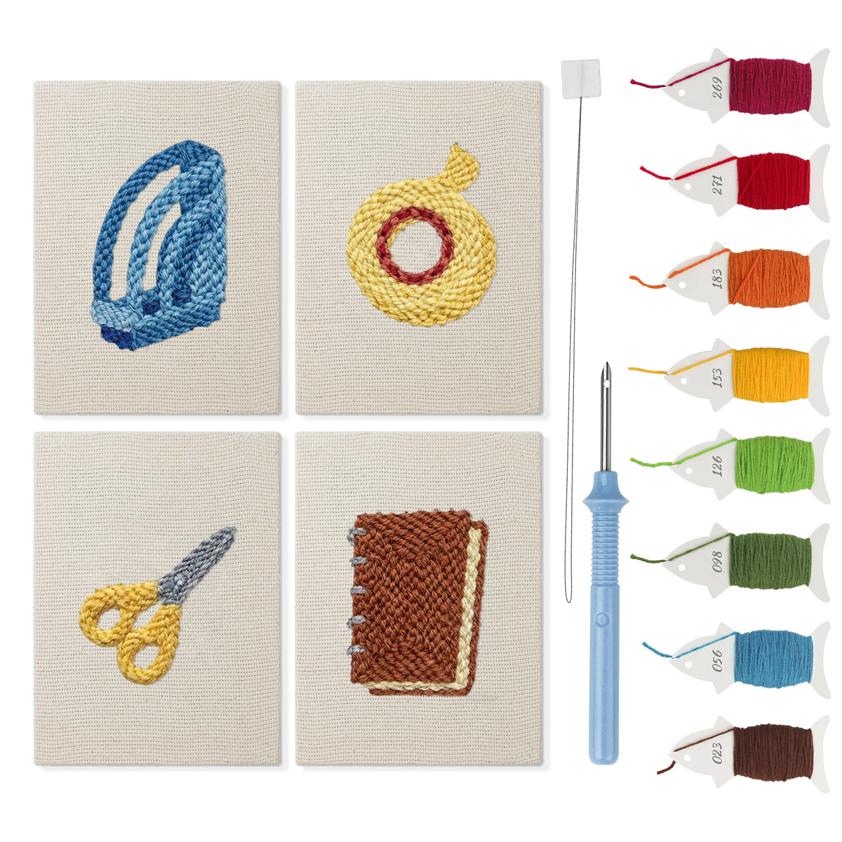 Yellow Scissors Desk mini punch needle kit set: four finished canvases with threads, punch needle and threader