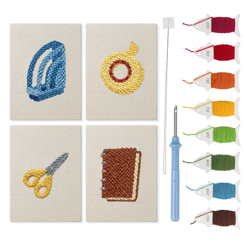 Yellow Scissors Desk mini punch needle kit set: four finished canvases with threads, punch needle and threader
