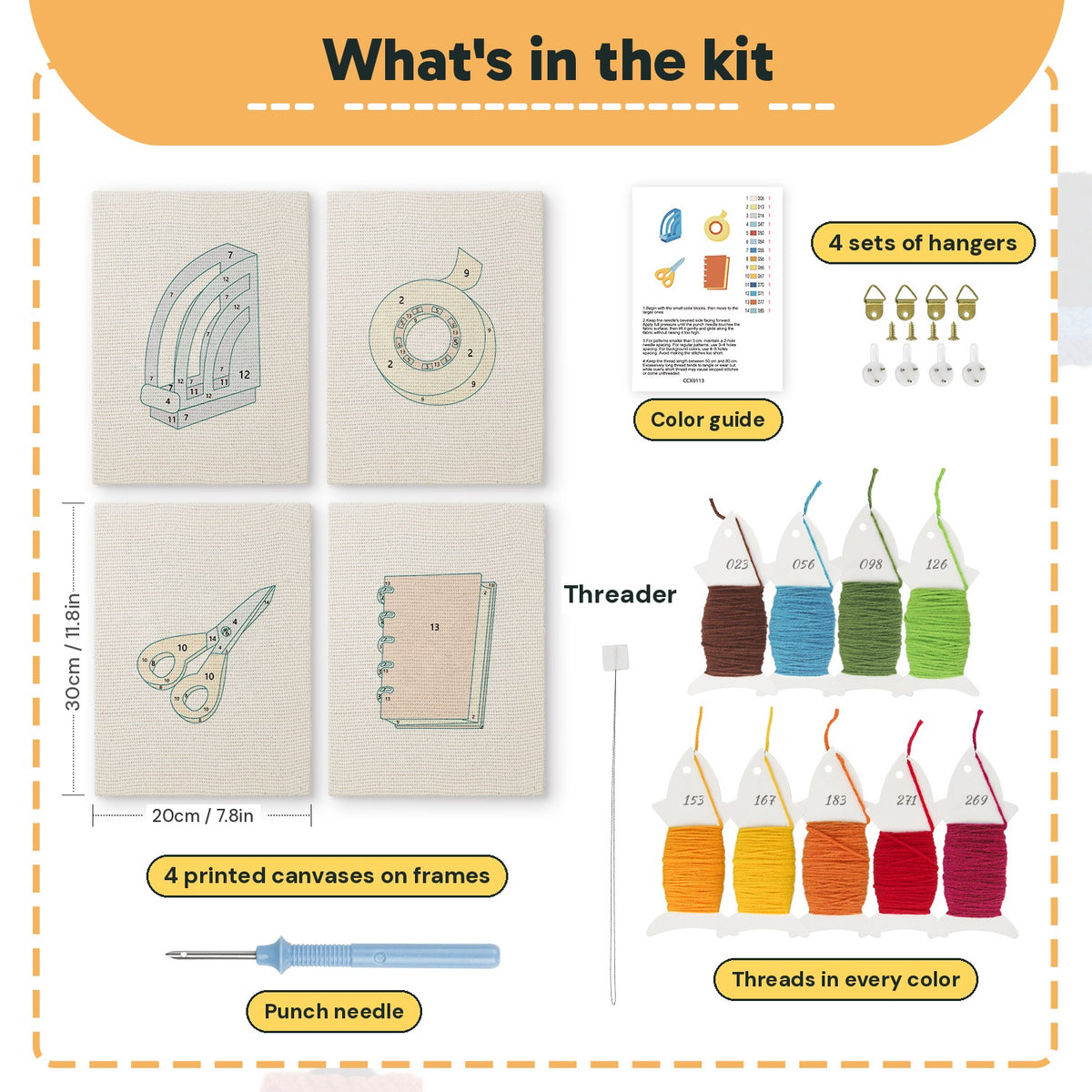 What is in the Yellow Scissors Desk set, 8 × 12 in (20 × 30 cm) each: 4 printed canvases, punch needle, threader, threads, color guide and 4 sets of hangers