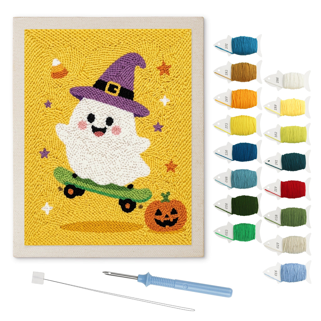 Yellow Skater Ghost punch needle kit: finished canvas with threads, punch needle and threader
