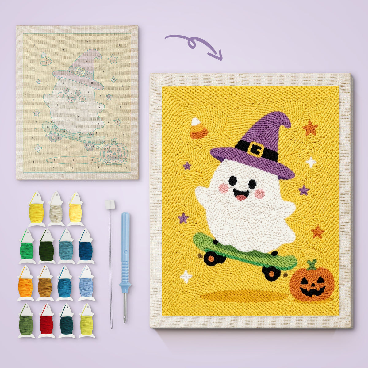 Yellow Skater Ghost canvas before and after punching, with the threads and tools