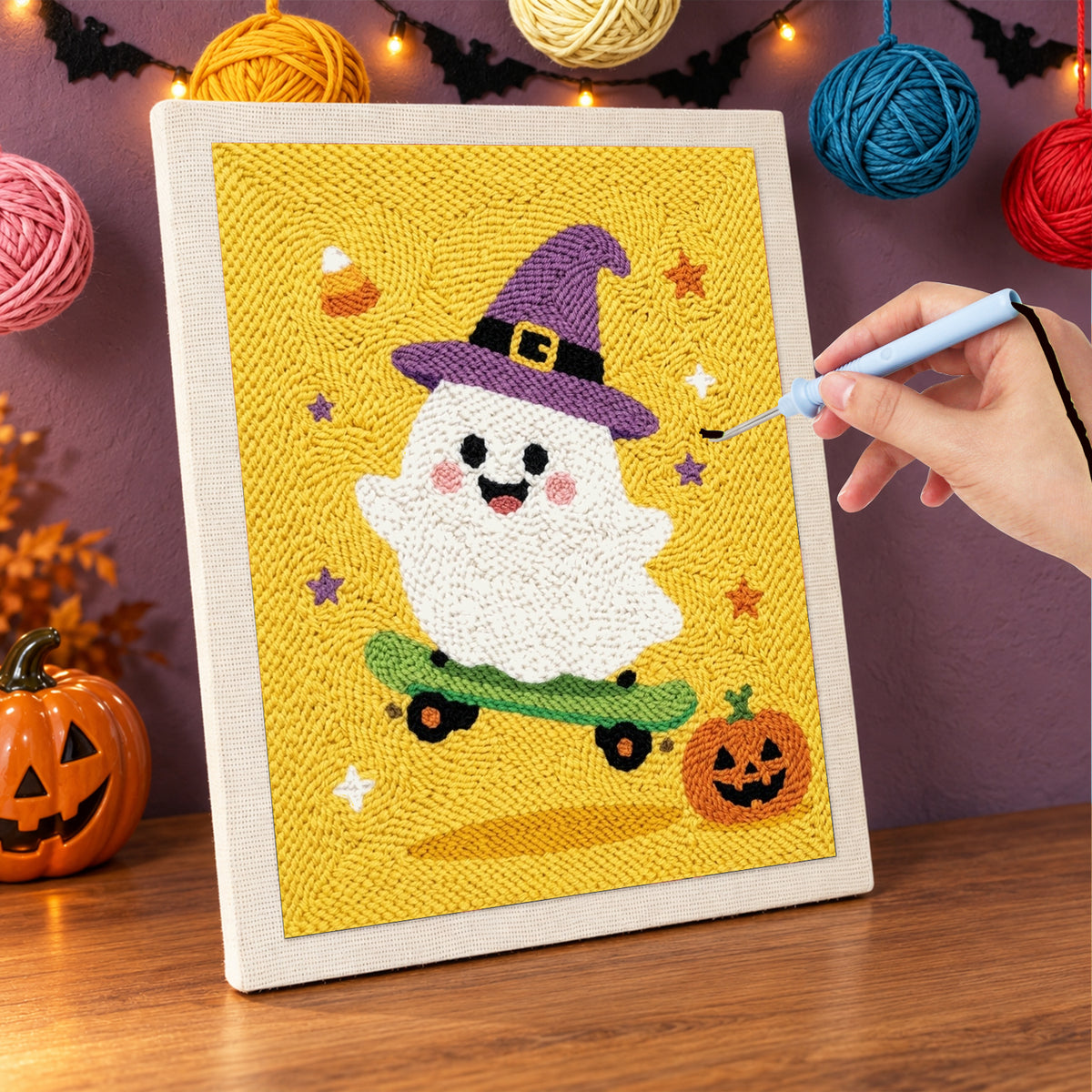 Punching the Yellow Skater Ghost design with the punch needle