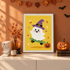Finished Yellow Skater Ghost punch needle canvas on a wall