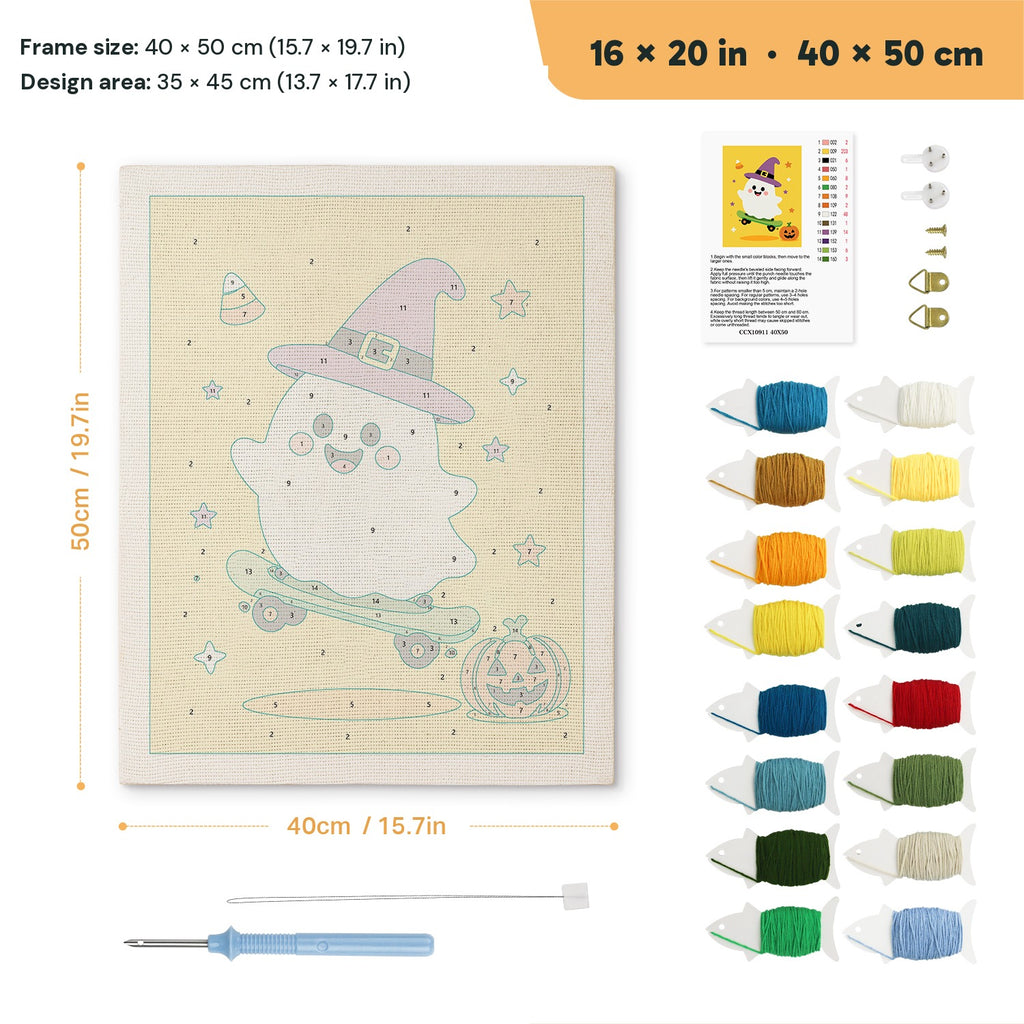Yellow Skater Ghost punch needle kit, 16 × 20 in (40 × 50 cm): canvas size and kit contents