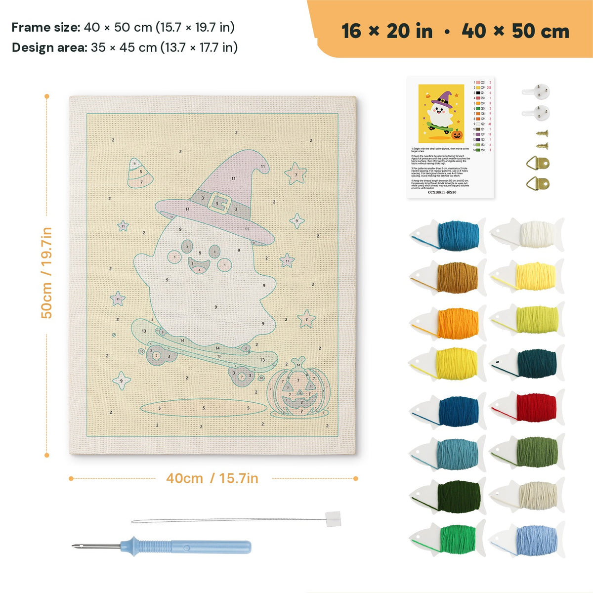 Yellow Skater Ghost punch needle kit, 16 × 20 in (40 × 50 cm): canvas size and kit contents