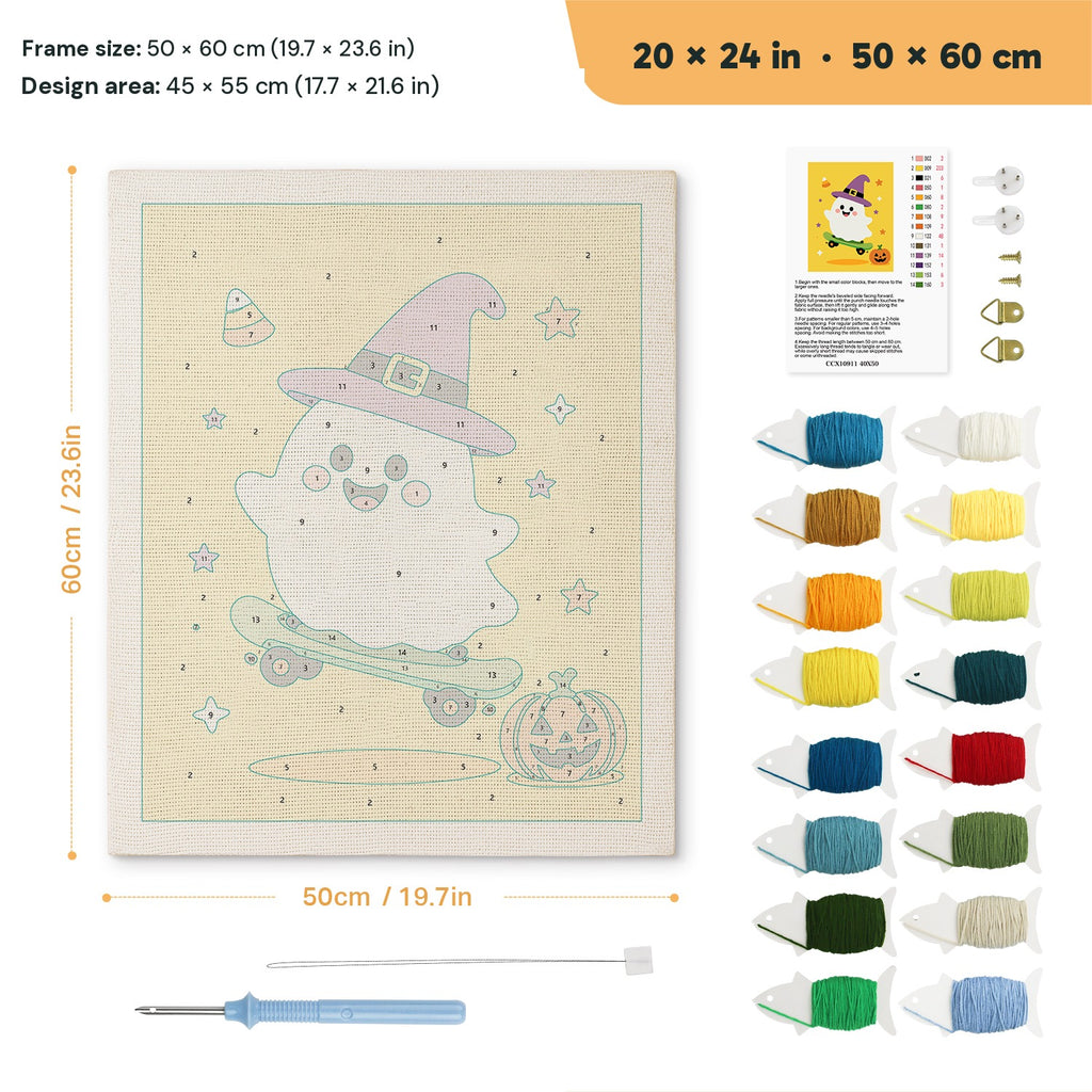 Yellow Skater Ghost punch needle kit, 20 × 24 in (50 × 60 cm): canvas size and kit contents