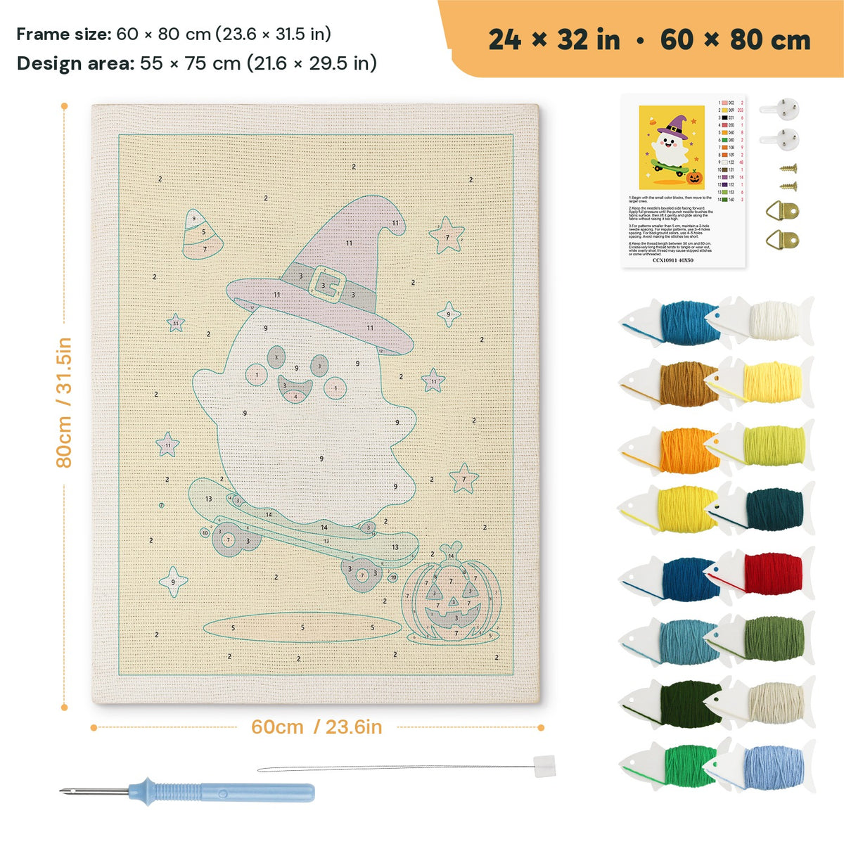 Yellow Skater Ghost punch needle kit, 24 × 32 in (60 × 80 cm): canvas size and kit contents