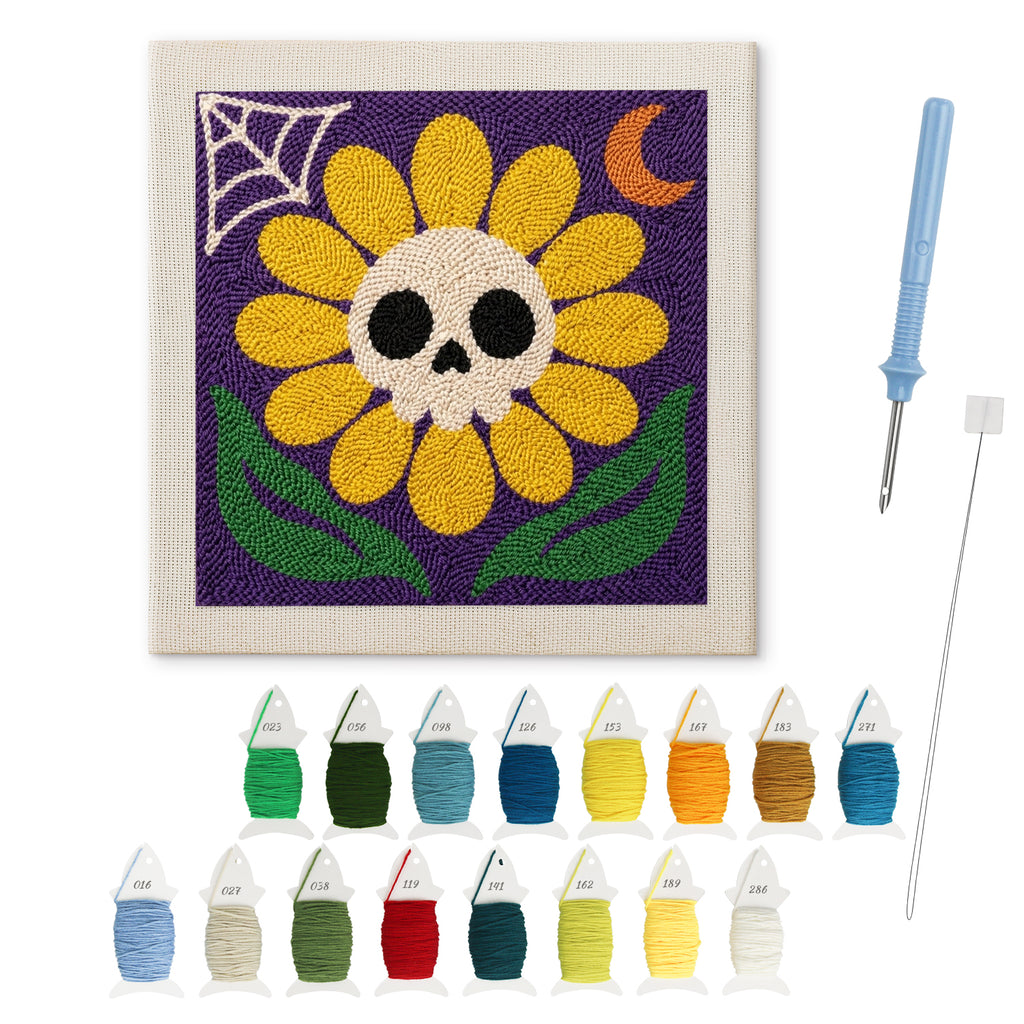 Yellow Skull Daisy punch needle kit: finished canvas with threads, punch needle and threader
