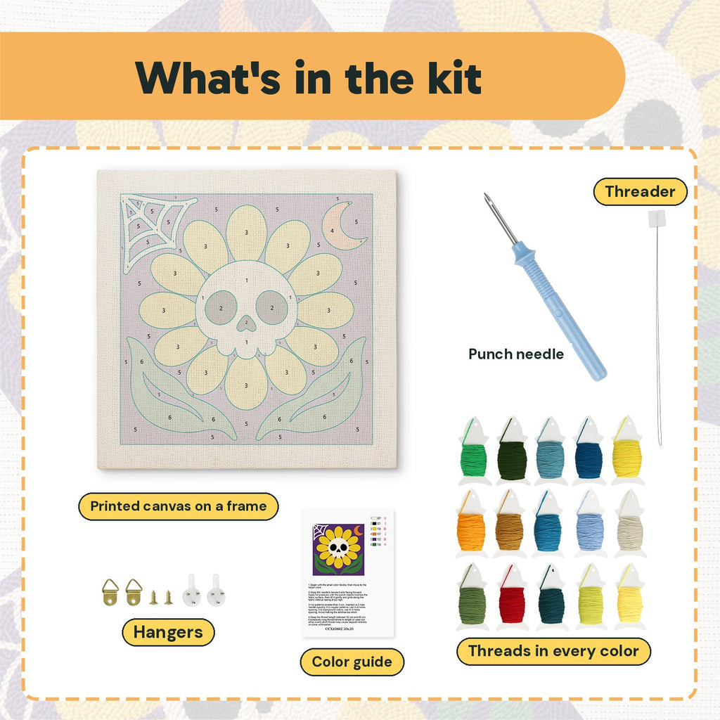 What is in the Yellow Skull Daisy kit: printed canvas, punch needle, threader, threads, color guide and hangers