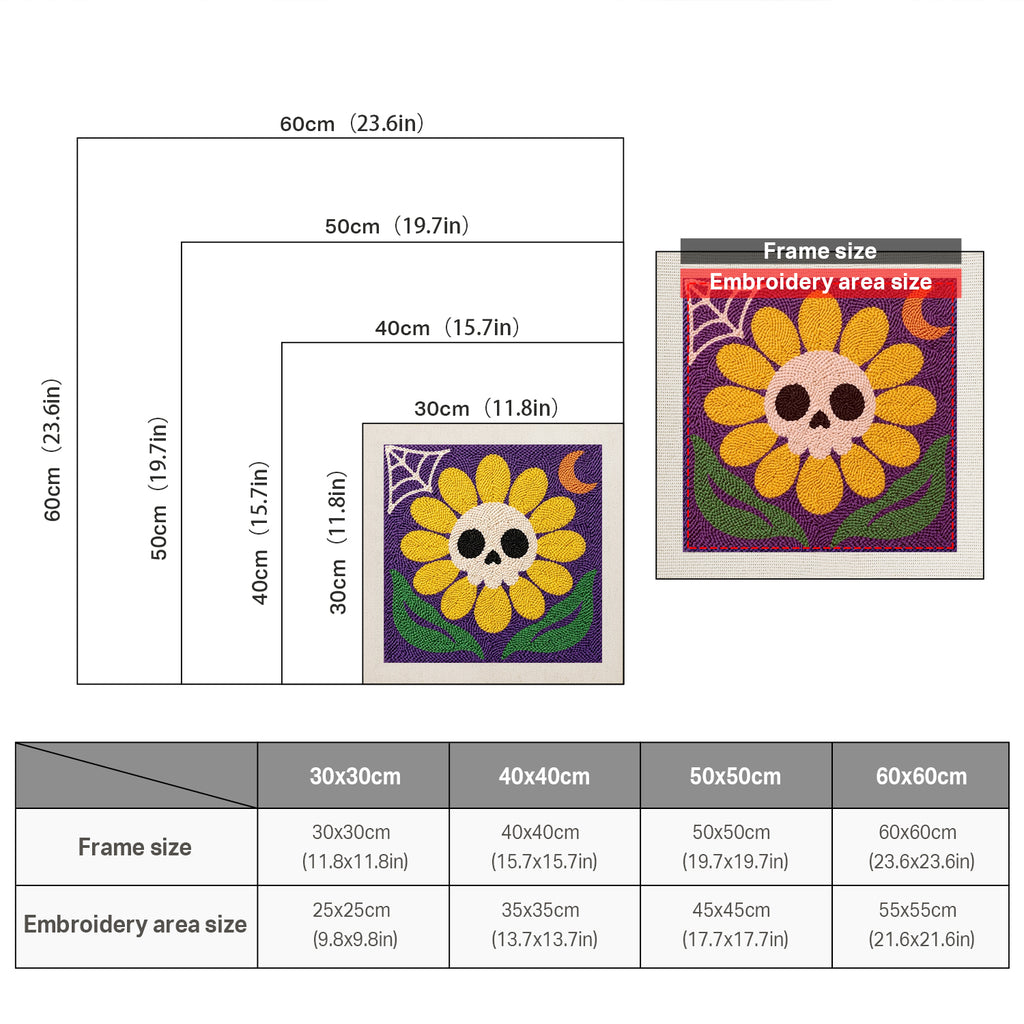 Size chart for square punch needle kits from 30 x 30 cm to 60 x 60 cm