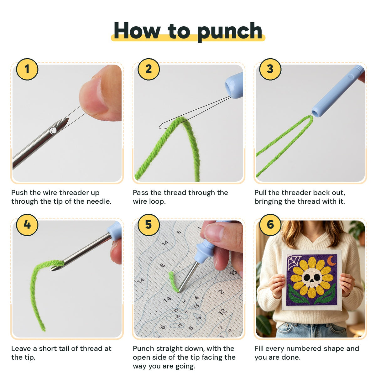 Six steps showing how to thread and use the punch needle