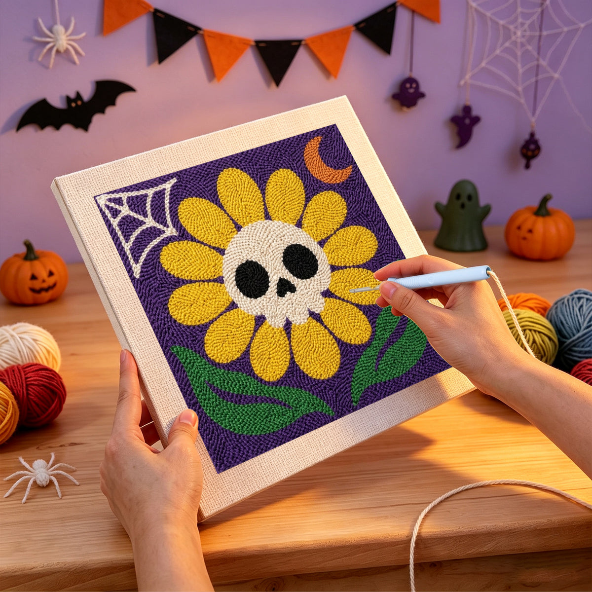 Punching the Yellow Skull Daisy design with the punch needle
