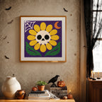Finished Yellow Skull Daisy punch needle canvas on a wall