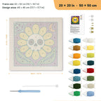 Yellow Skull Daisy punch needle kit, 20 × 20 in (50 × 50 cm): canvas size and kit contents