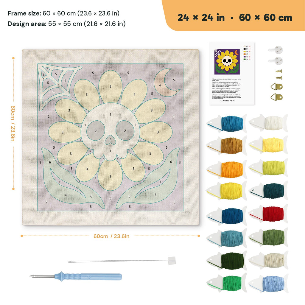 Yellow Skull Daisy punch needle kit, 24 × 24 in (60 × 60 cm): canvas size and kit contents
