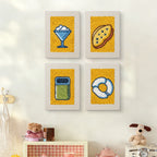 The four Yellow Sundae Glass mini canvases on a wall above a shelf