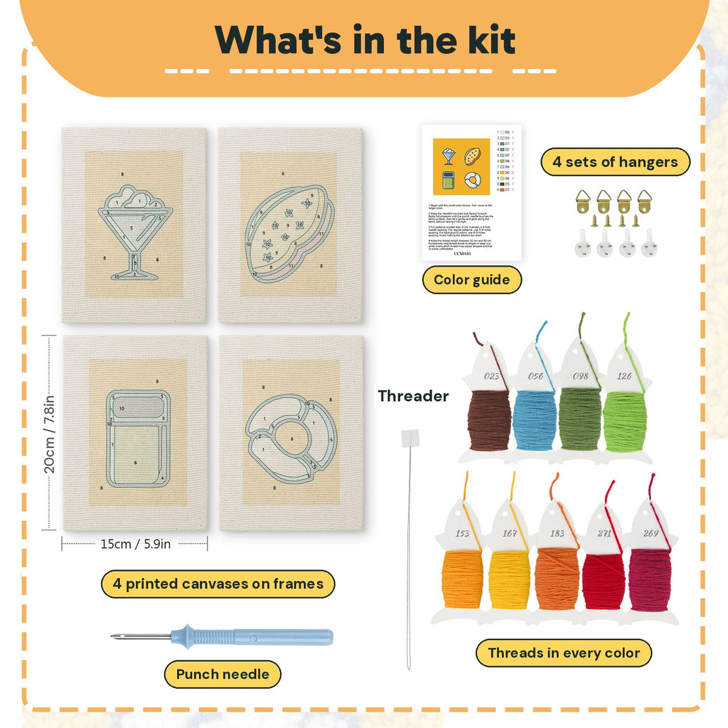 What is in the Yellow Sundae Glass set: 4 printed canvases, punch needle, threader, threads, color guide and 4 sets of hangers (6 × 8 in (15 × 20 cm) each)