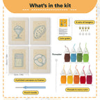 What is in the Yellow Sundae Glass set: 4 printed canvases, punch needle, threader, threads, color guide and 4 sets of hangers (6 × 8 in (15 × 20 cm) each)