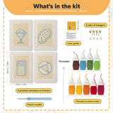 What is in the Yellow Sundae Glass set: 4 printed canvases, punch needle, threader, threads, color guide and 4 sets of hangers (6 × 8 in (15 × 20 cm) each)