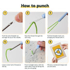 Six steps showing how to thread and use the punch needle