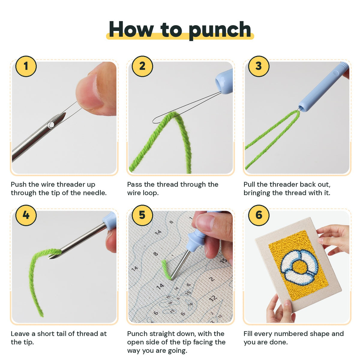 Six steps showing how to thread and use the punch needle