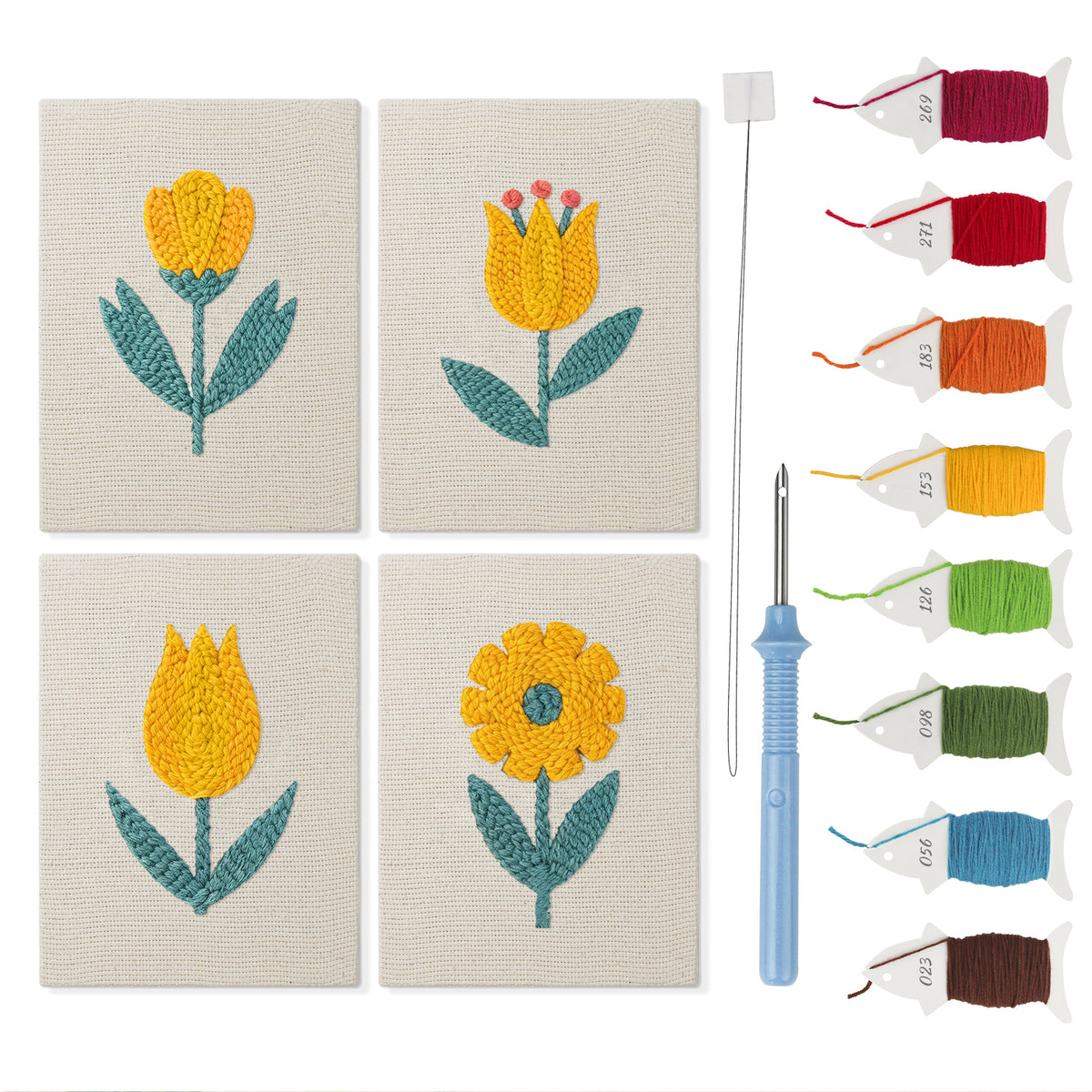 Yellow Tulip Patch mini punch needle kit set: four finished canvases with threads, punch needle and threader