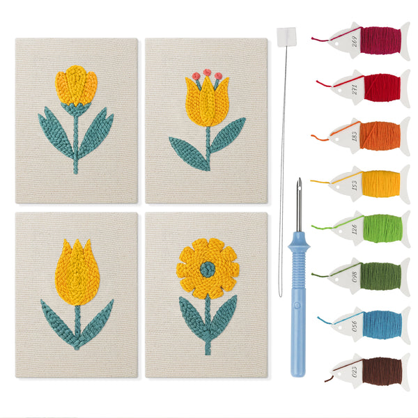 Yellow Tulip Patch mini punch needle kit set: four finished canvases with threads, punch needle and threader