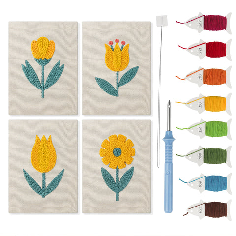 Yellow Tulip Patch mini punch needle kit set: four finished canvases with threads, punch needle and threader