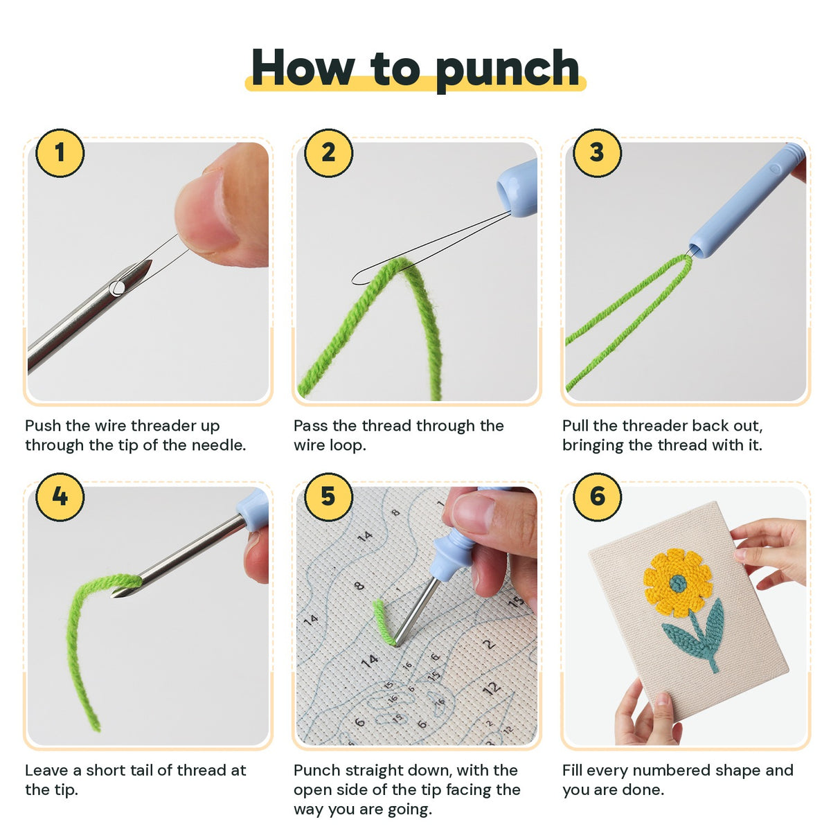 Six steps showing how to thread and use the punch needle