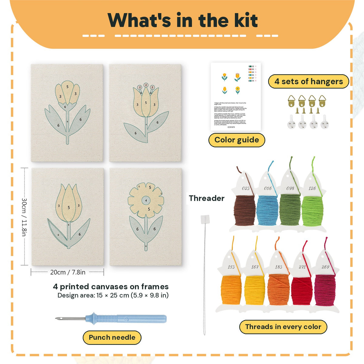 What is in the Yellow Tulip Patch set, 8 × 12 in (20 × 30 cm) each: 4 printed canvases, punch needle, threader, threads, color guide and 4 sets of hangers