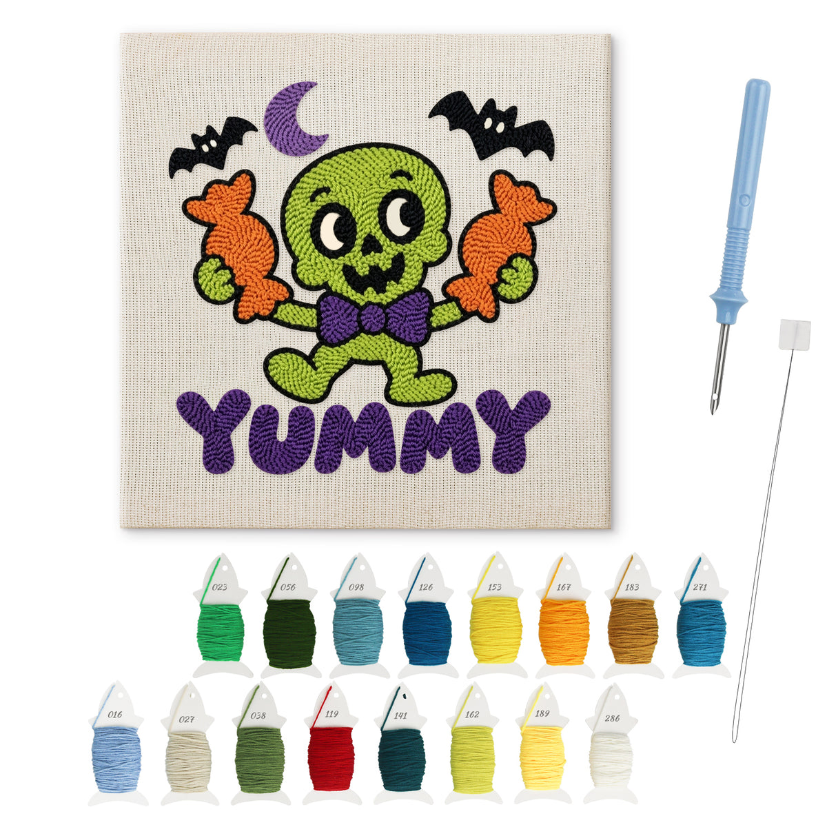 Yummy Candy Monster punch needle kit: finished canvas with threads, punch needle and threader