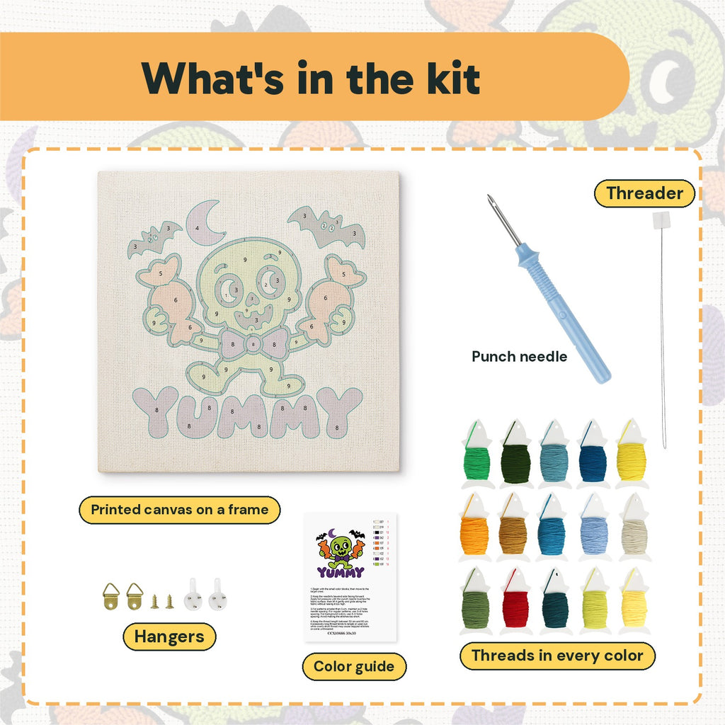 What is in the Yummy Candy Monster kit: printed canvas, punch needle, threader, threads, color guide and hangers