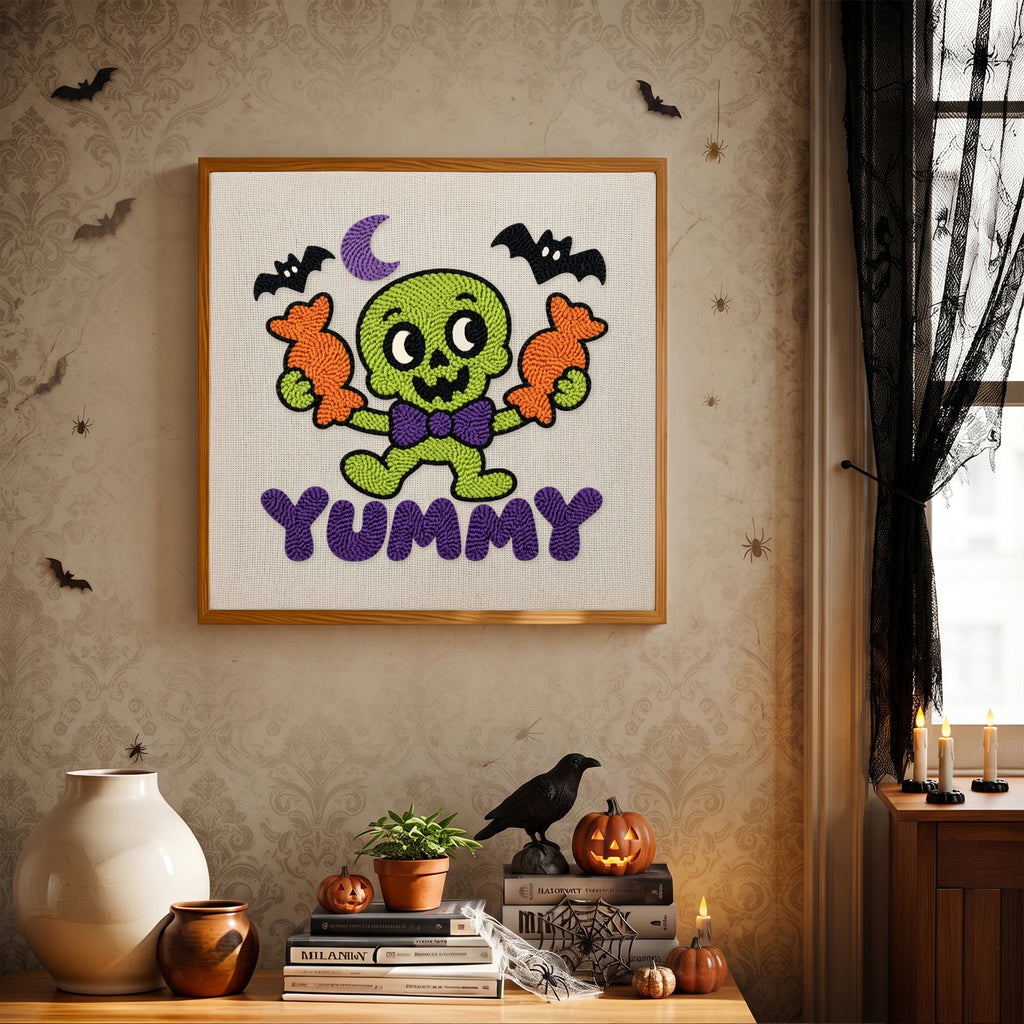 Finished Yummy Candy Monster punch needle canvas on a wall