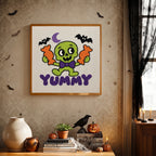Finished Yummy Candy Monster punch needle canvas on a wall