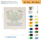 Yummy Candy Monster punch needle kit, 20 × 20 in (50 × 50 cm): canvas size and kit contents