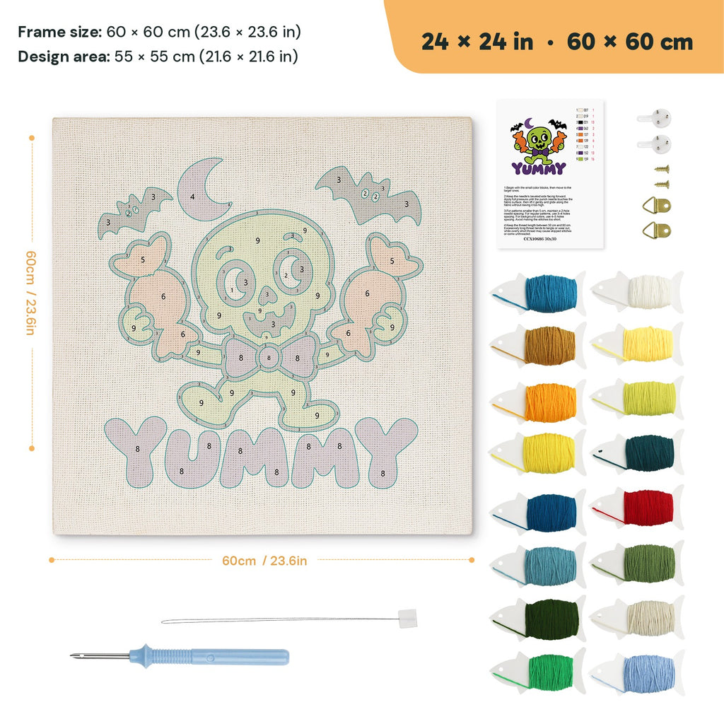 Yummy Candy Monster punch needle kit, 24 × 24 in (60 × 60 cm): canvas size and kit contents