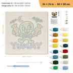 Yummy Candy Monster punch needle kit, 24 × 24 in (60 × 60 cm): canvas size and kit contents