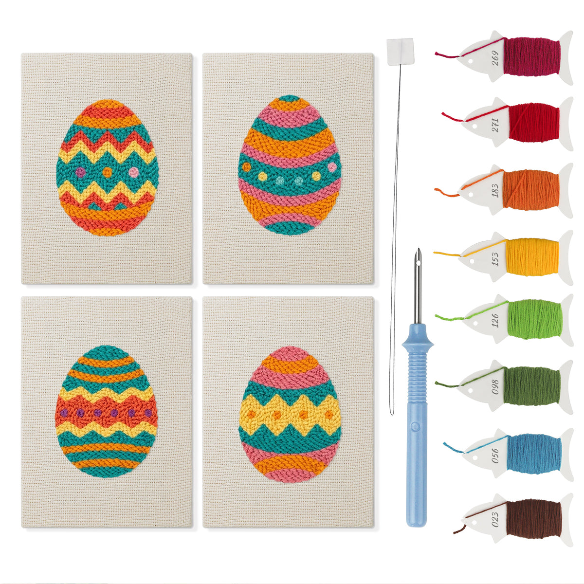 Zigzag Easter Eggs mini punch needle kit set: four finished canvases with threads, punch needle and threader